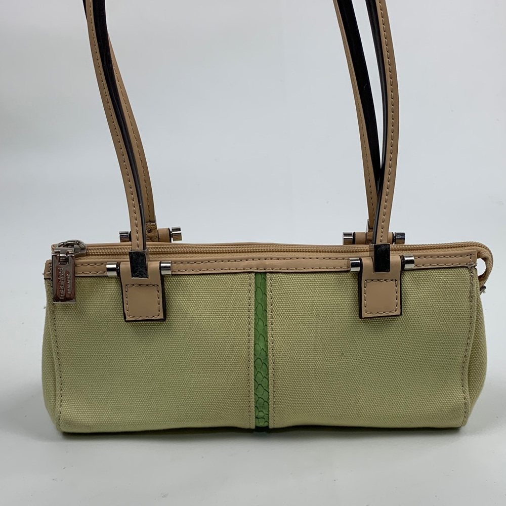Vintage Mondani New York Green Handbag Beige Trim Silver Zip Pink lined